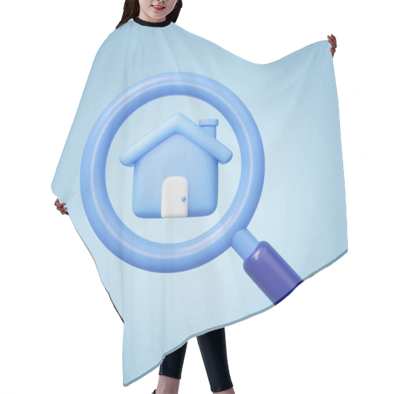 Personality  3D House Search Icon. Magnifying Glass, Cute Home Isolated On Blue Background. Business Investment, Real Estate, Inspection, Find, Research Concept. Cartoon Icon Minimal Style. 3d Render Illustration. Hair Cutting Cape