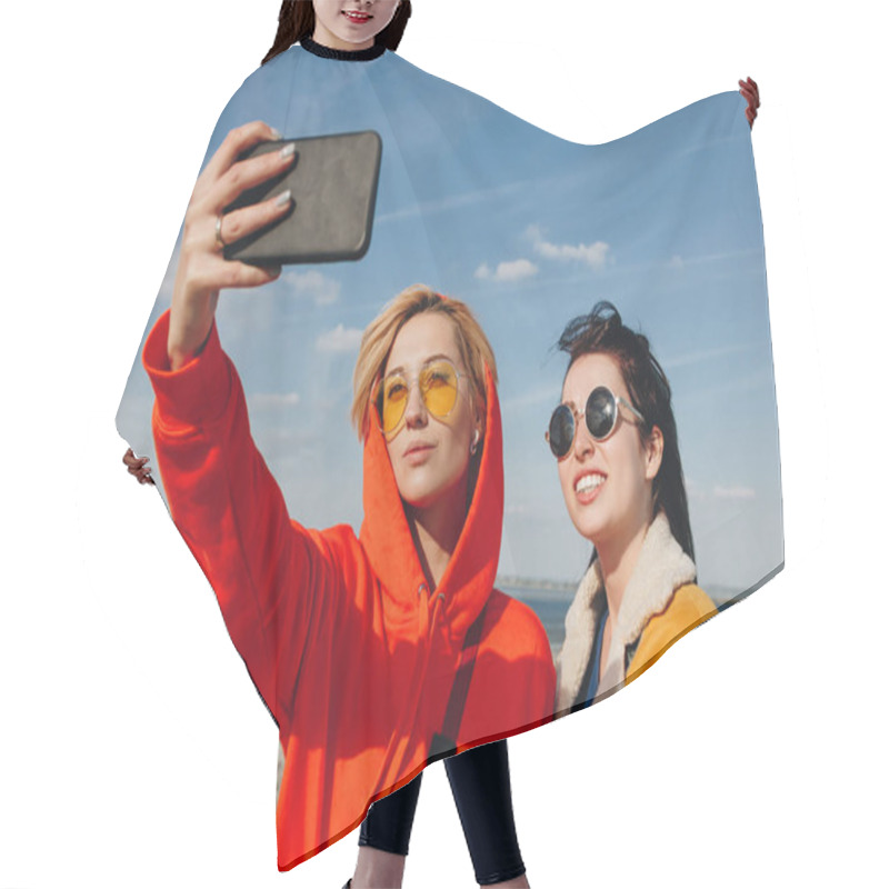 Personality  Happy Female Friends Taking Selfie Sandy Beach, Saint Michaels Mount, Normandy, France Hair Cutting Cape