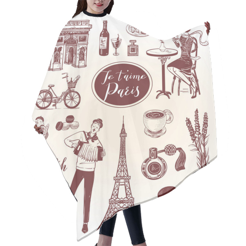 Personality  French Doodle Set With Lettering In Hand Drawn Style. Isolated Icons For Vintage Background. Hair Cutting Cape