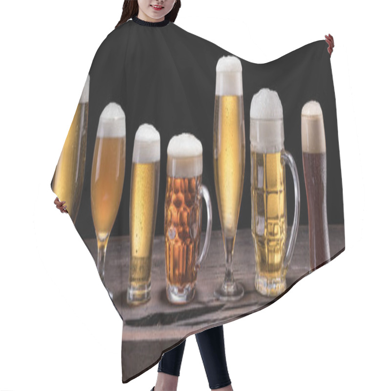 Personality  Beer Assortment. Cold Different Glasses Of Beer On The Wooden Table At The Black Background. Hair Cutting Cape