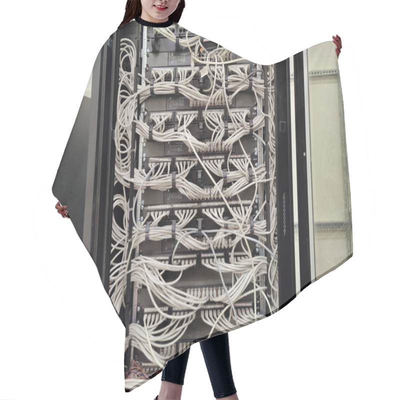 Personality  Complex Network Server With Dense Cable Management And Surveillance Screen, Reflecting Connectivity And Security Infrastructure Hair Cutting Cape