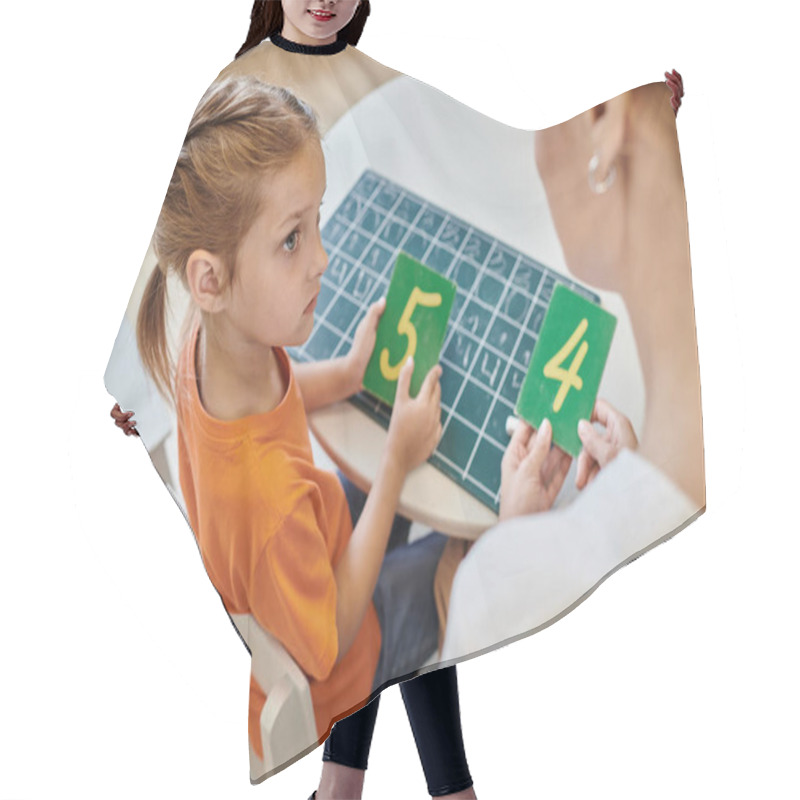 Personality  Clever Girl And Teacher Holding Numbers Near Chalkboard, Learning Through Play, Counting, Top View Hair Cutting Cape