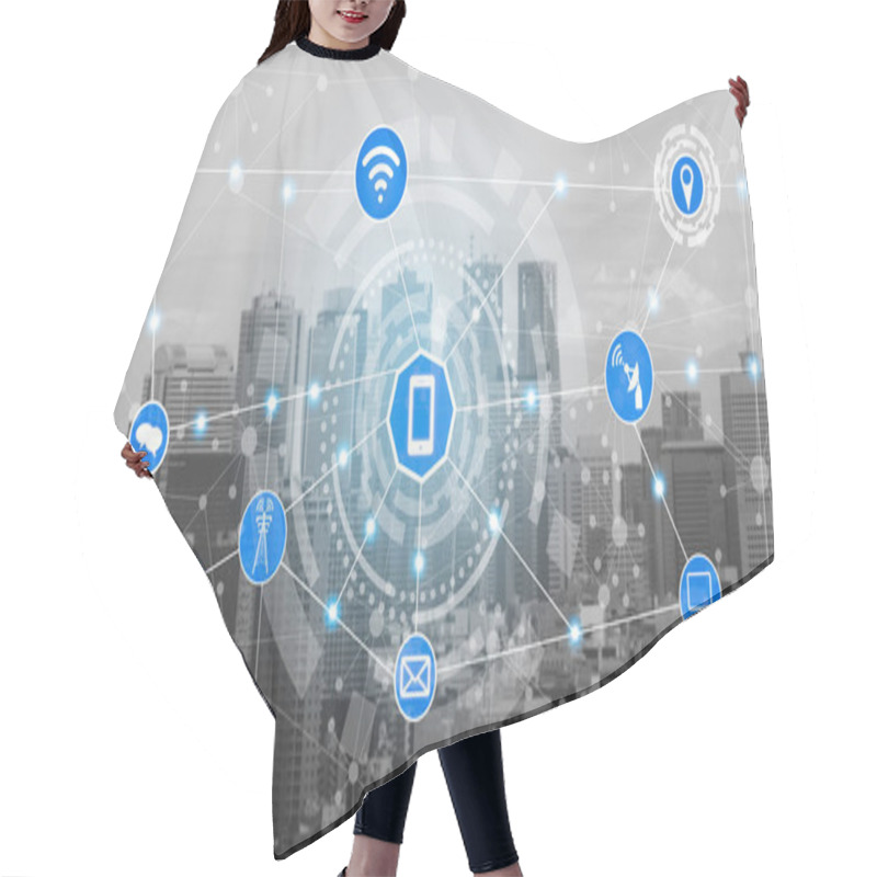 Personality  Smart City Wireless Communication Network With Graphic Showing Concept Of Internet Of Things ( IOT ) And Information Communication Technology ( ICT ) Against Modern City Buildings In The Background. Hair Cutting Cape