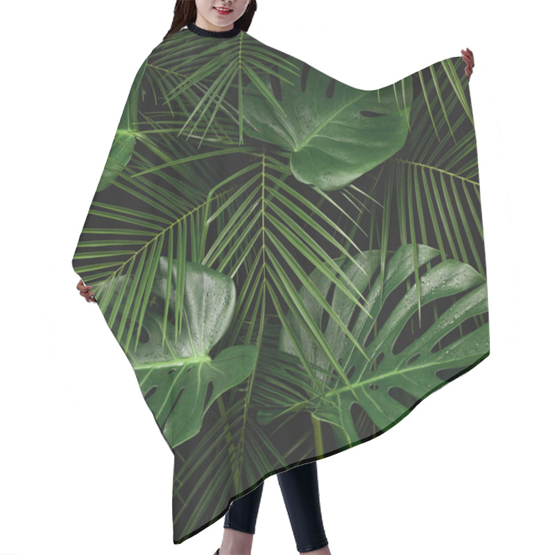 Personality  Night In Tropical Rainforest. Monstera And Palm Leaves Covered With Rain Drops Jungle Pattern. Fresh Green Natural Eco Concept. Hair Cutting Cape