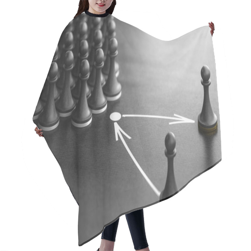 Personality  3d Illustration Of Pawns Over Black Background With One Piece Replaced By Another One. Concept Of Succession Planning And Leader Or Senior Manager Replacement. Hair Cutting Cape