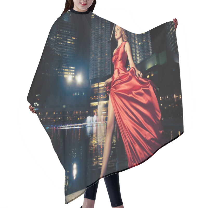 Personality  Fashion Lady In Red Dress And City Lights Hair Cutting Cape