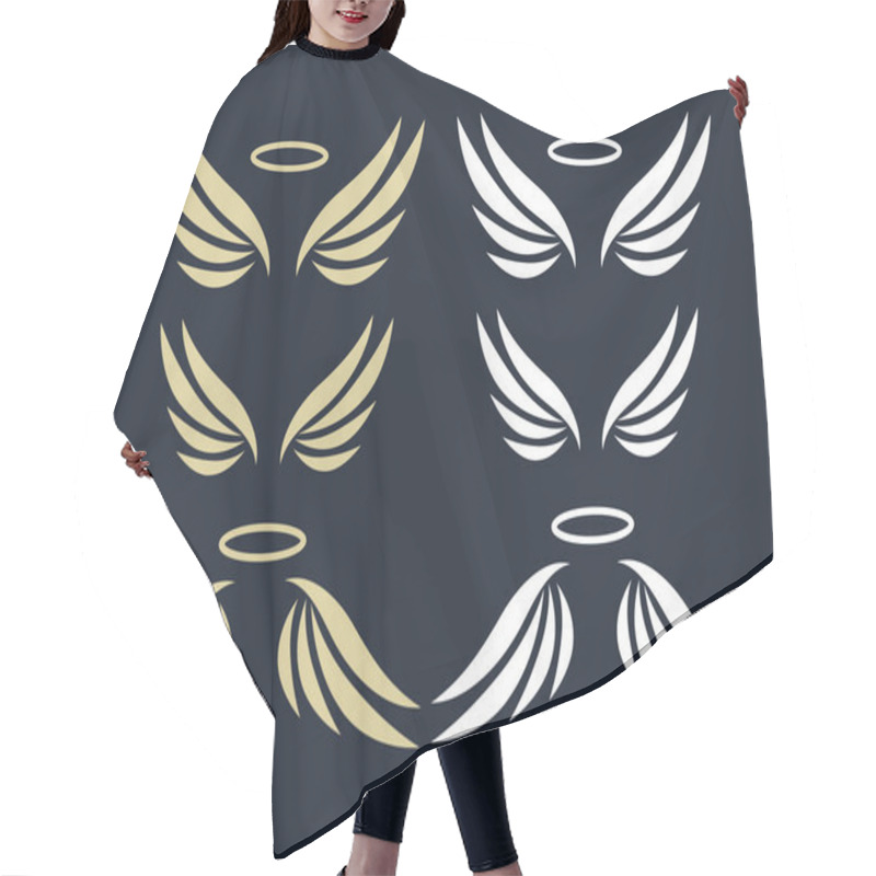 Personality  Elegant Angel Golden Flying Wings On Black Background. Flying Angel With Wing Feather, Golden Linear Winged Hair Cutting Cape