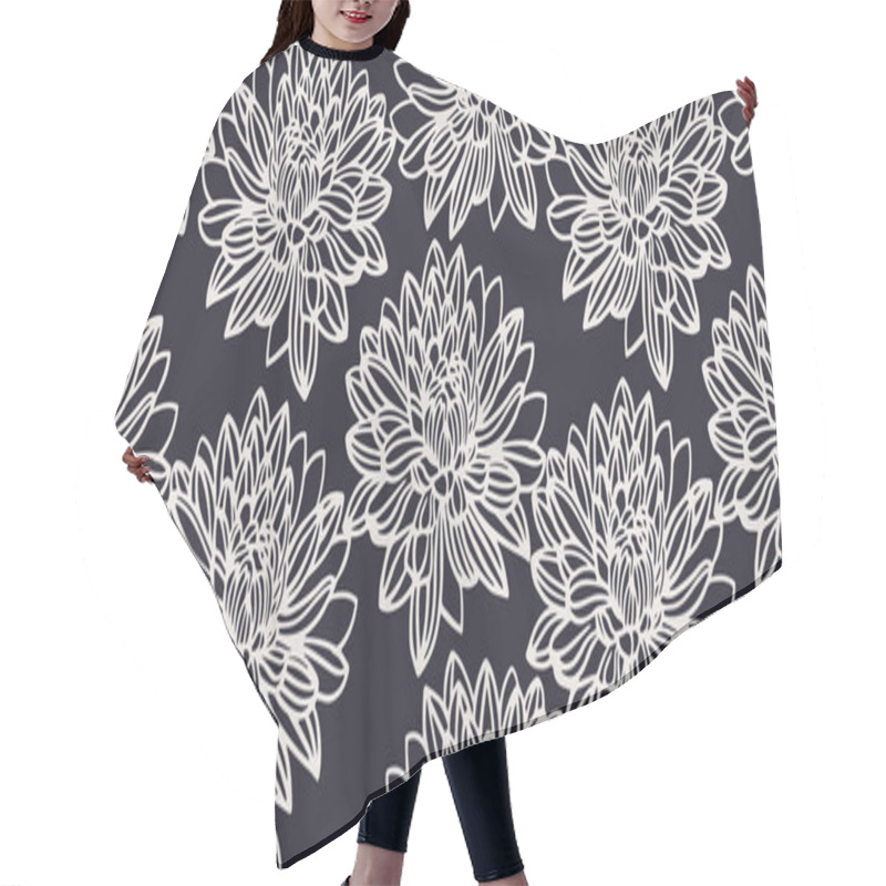 Personality  Minimalist Seamless Floral Pattern With Large, Detailed White Line-drawn Flowers On A Dark Background. Perfect For Modern Textiles, Packaging, Wallpaper, Sophisticated Monochrome Look. Hair Cutting Cape