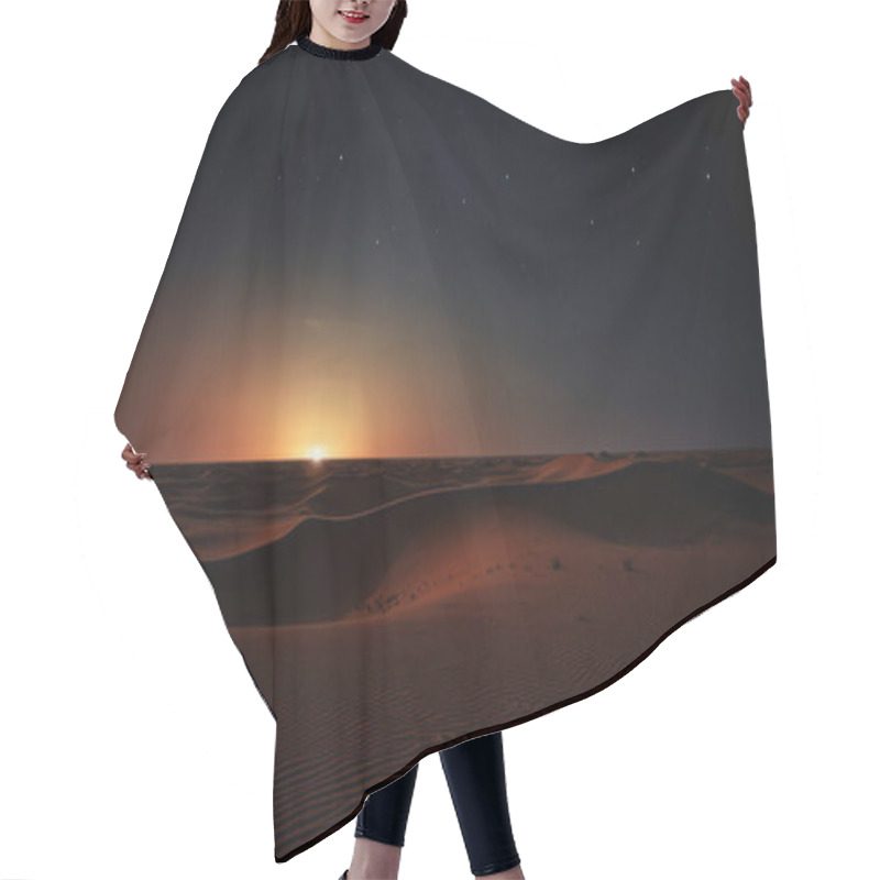 Personality  Wide Brown Dunes Landscape At The End Of The Sunset With A Sun Almost Down On The Horizon And A Dark Sky With Stars Hair Cutting Cape