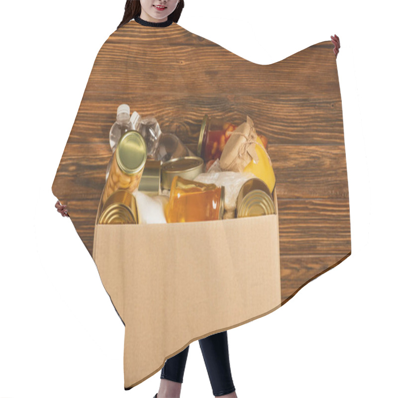 Personality  Cardboard Box With Donated Food On Wooden Background, Charity Concept Hair Cutting Cape