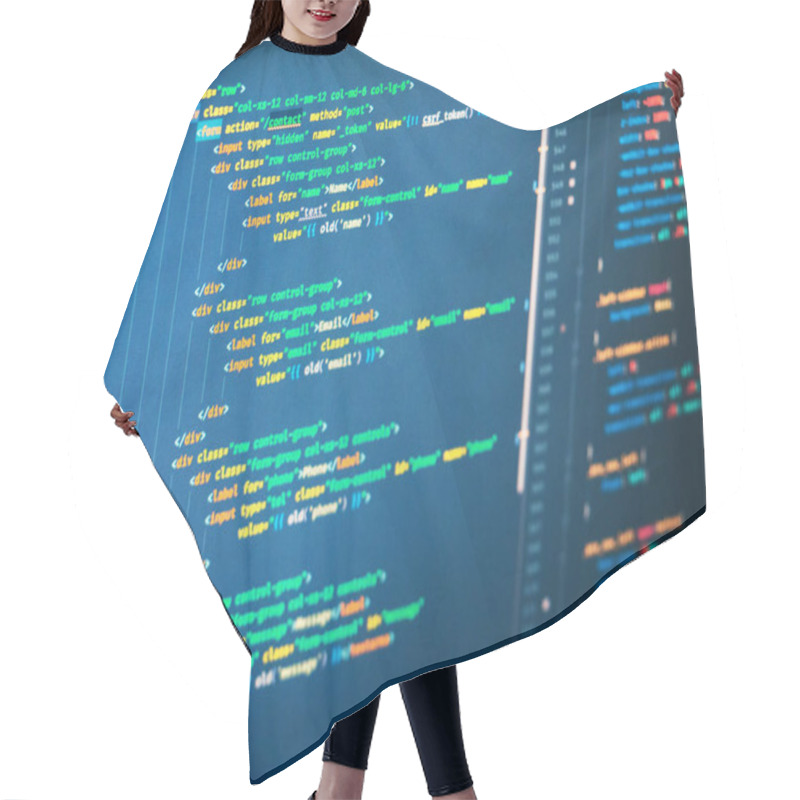 Personality  PHP Code On The Screen, Close Up. Orange, Green And Yellow Coding On Blue Background Hair Cutting Cape