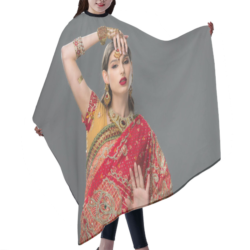 Personality  Indian Woman Gesturing In Sari And Accessories, Isolated On Grey  Hair Cutting Cape