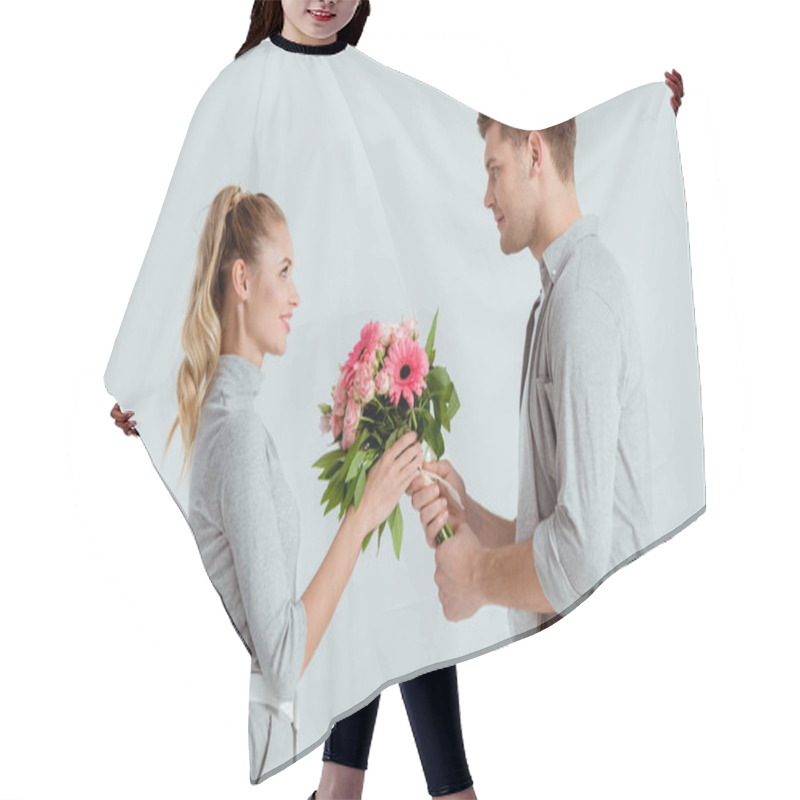 Personality  Handsome Man Giving Pink Flower Bouquet To Woman Isolated On Grey Hair Cutting Cape