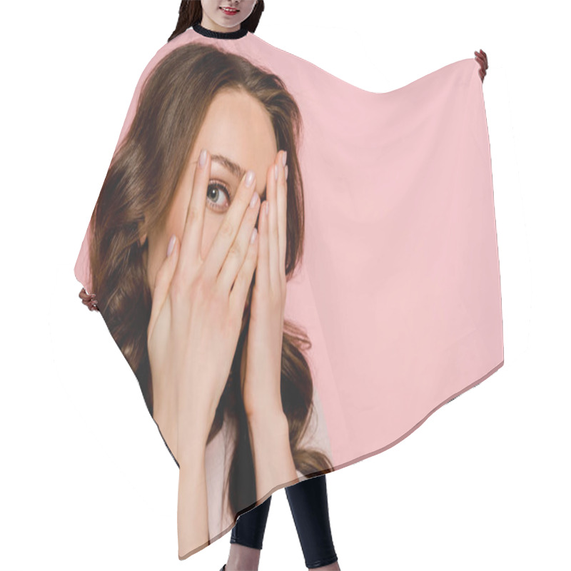 Personality  Scared Young Woman Covering Face Isolated On Pink  Hair Cutting Cape