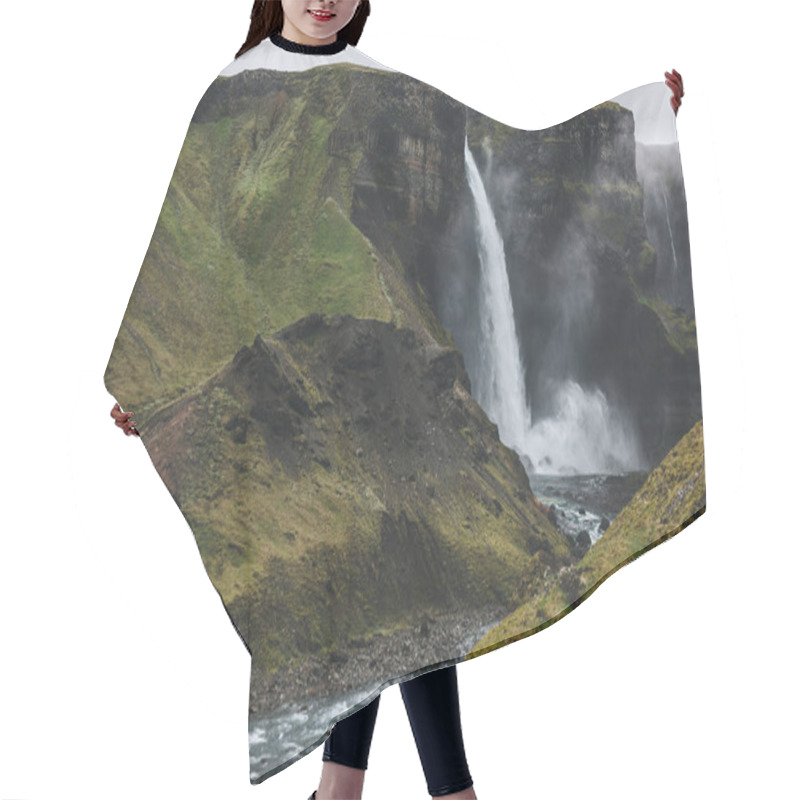 Personality  Icelandic Landscape With Haifoss Waterfall And Green Hills On Misty Day Hair Cutting Cape