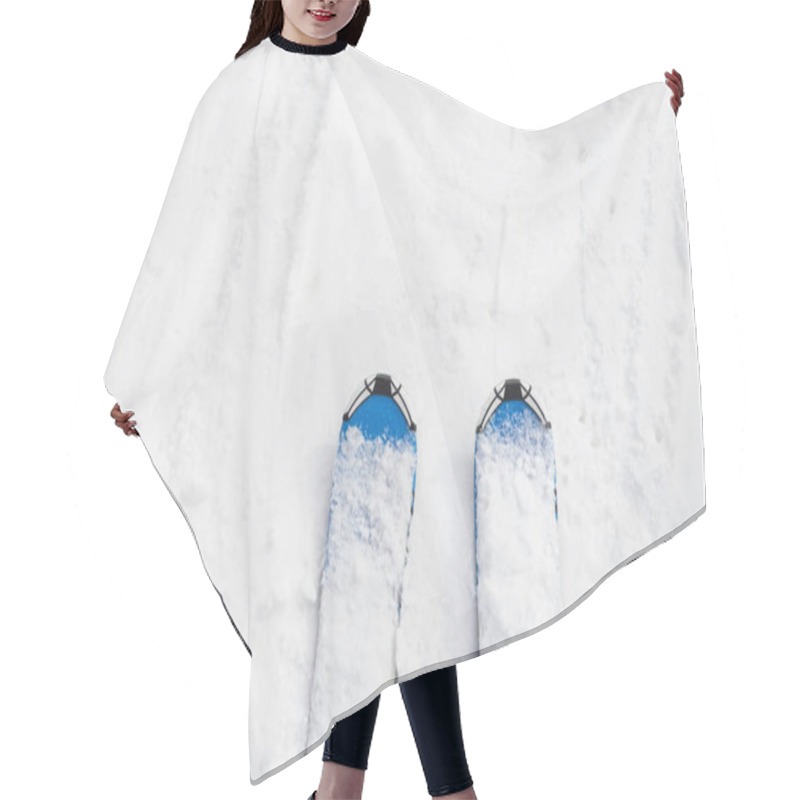 Personality  Ski Equipment. Top View. White Background. Snow. Winter Season Hair Cutting Cape