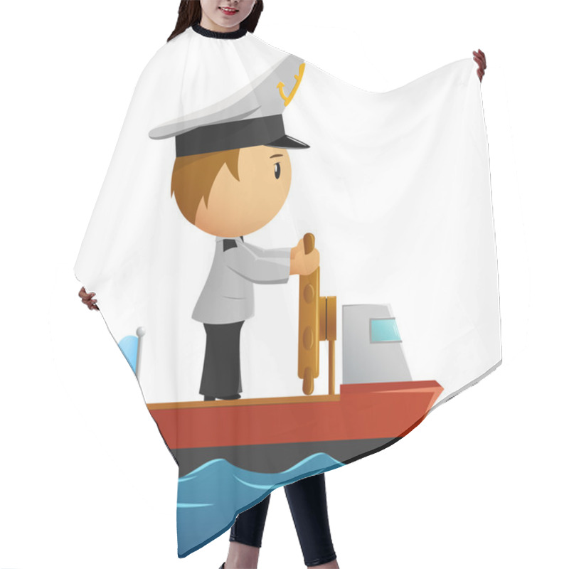 Personality  Cartoon Captain Sailor In Uniform On The Ship. Hair Cutting Cape