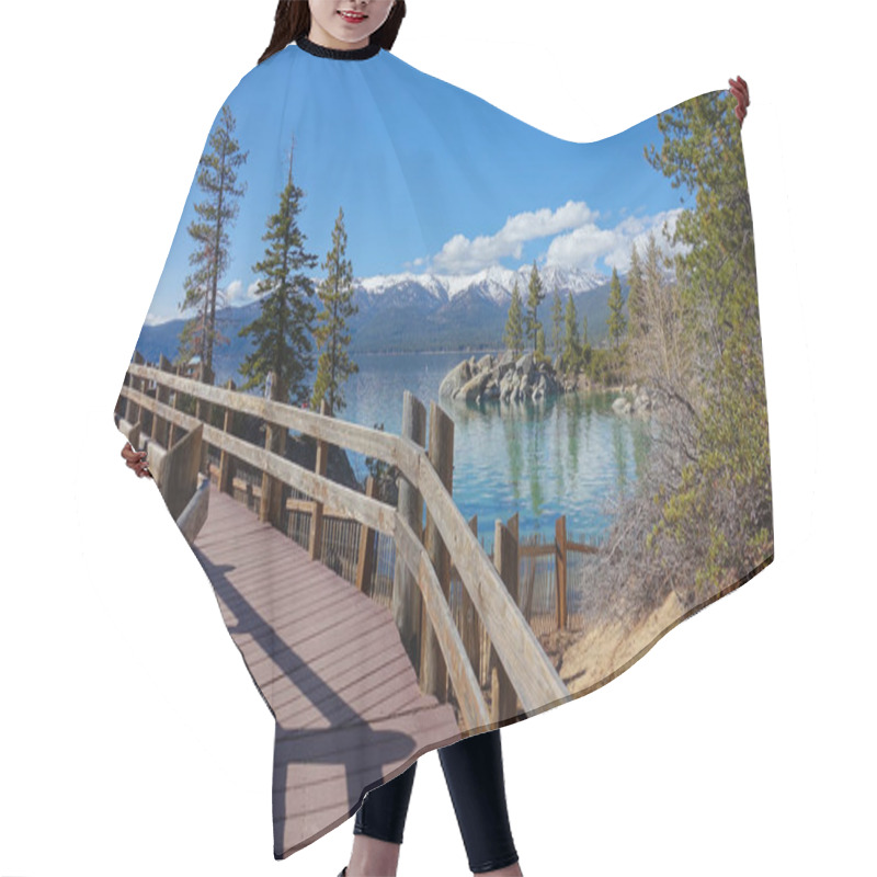 Personality  Romantic Wooden Walkway Running Along The Sandy Shore Of Beautiful Tahoe Lake. Spectacular View Of The Untouched National Park In Sunny California. Breathtaking Snowy Mountains Overlooking The Lake. Hair Cutting Cape