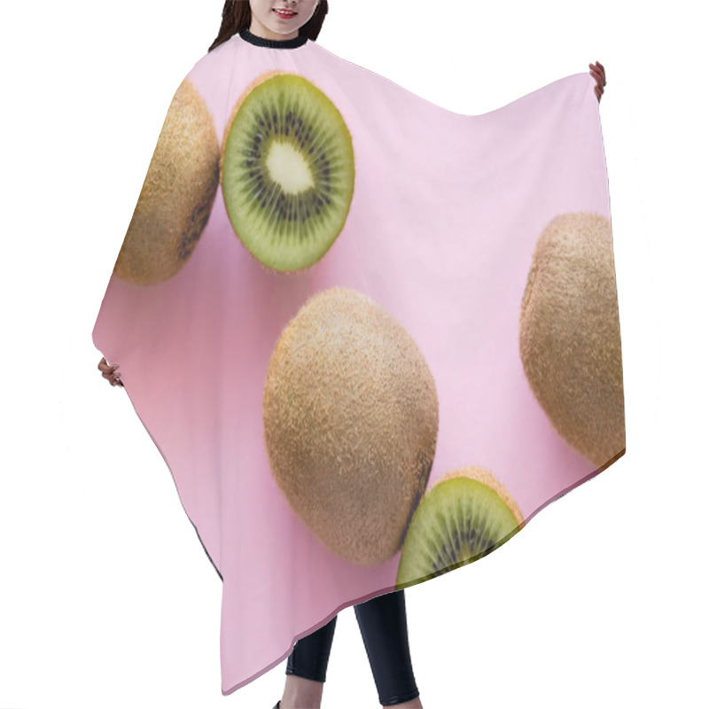 Personality  Top View Of Cup And Whole Kiwi Fruit On Pink Hair Cutting Cape