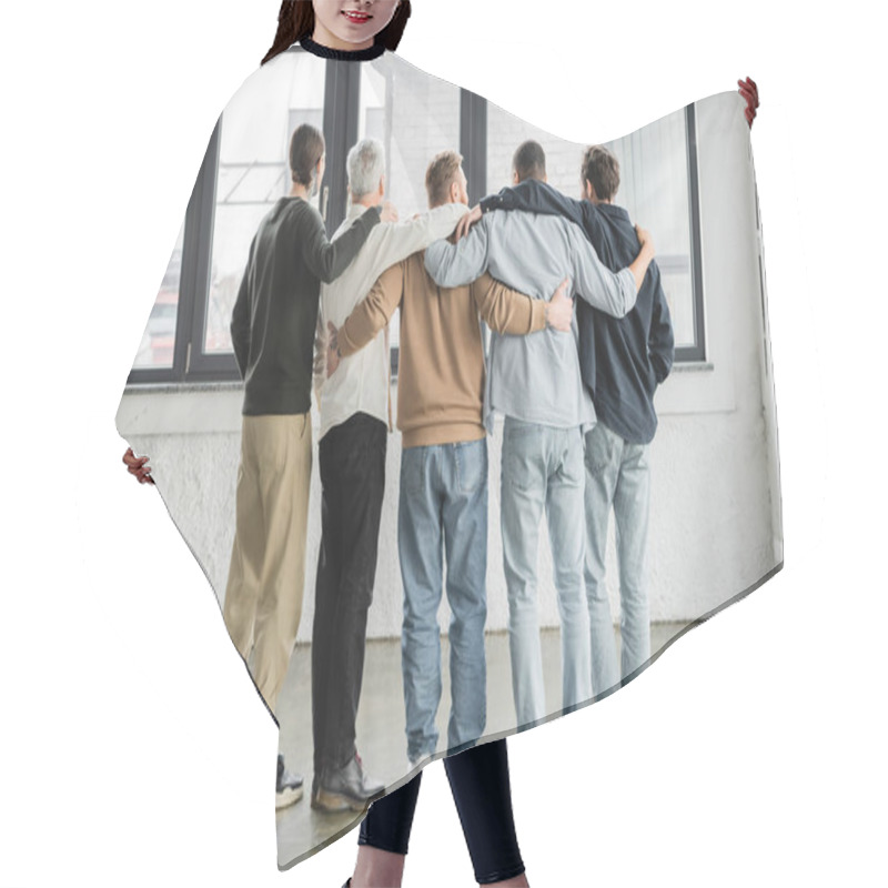 Personality  Back View Of Interracial Men Hugging During Anonymous Alcoholics Meeting In Rehab Center  Hair Cutting Cape