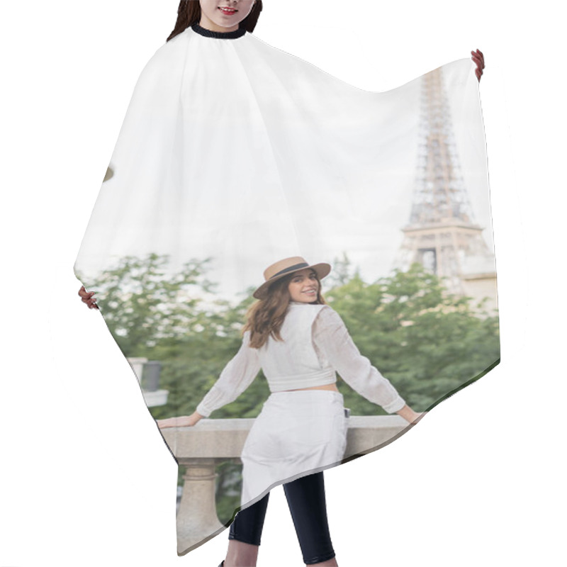 Personality  Happy Young Woman In Blouse And Sun Hat Standing With Eiffel Tower At Background In Paris  Hair Cutting Cape