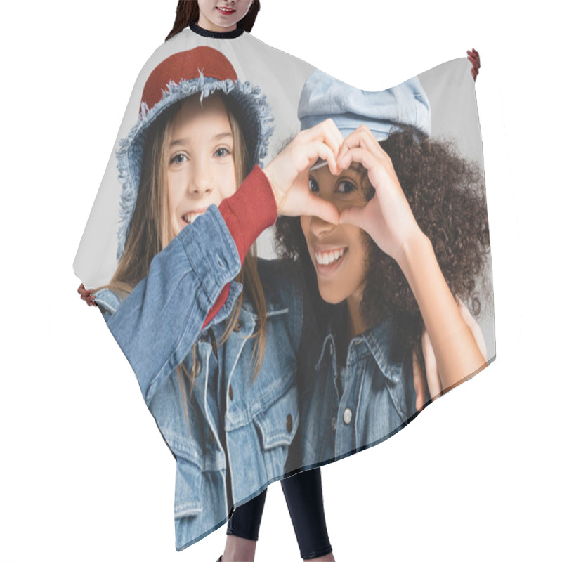 Personality  Happy Multicultural Girls In Denim Clothes And Hats Showing Heart Symbol With Hands Isolated On Grey Hair Cutting Cape