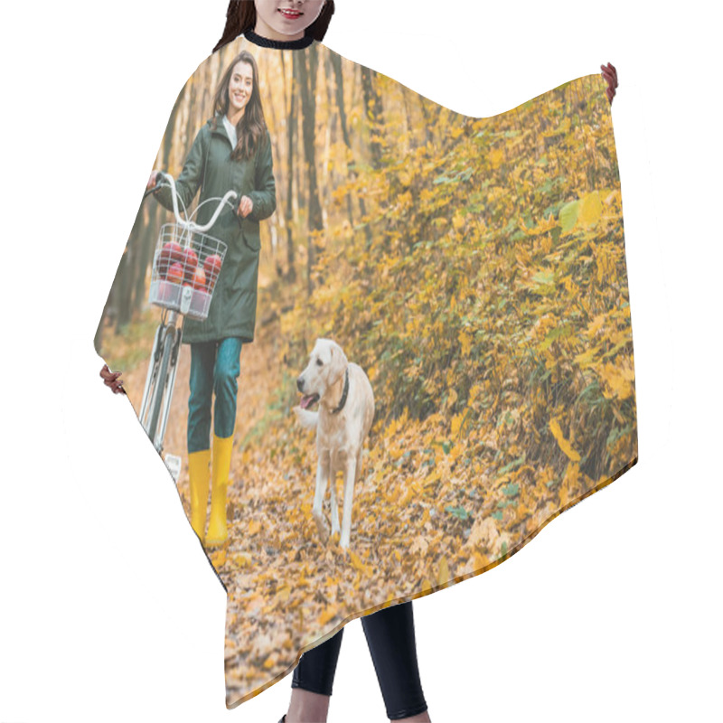 Personality  Cheerful Girl Carrying Bicycle With Basket Full Of Apples And Her Dog Walking Near On Yellow Leafy Path In Autumnal Forest  Hair Cutting Cape