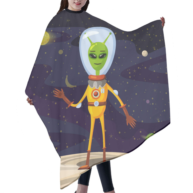 Personality  Alien In A Spacesuit, Cartoon Style, Background Space, Vector Isolated Hair Cutting Cape