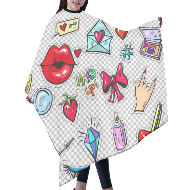 Personality  Set Of Fashion Stickers, Pins, Patches In Cartoon 80s-90s Comic Style. Pop Art Hair Cutting Cape