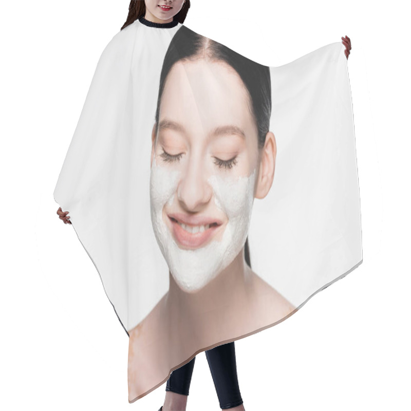 Personality  Smiling Young Beautiful Woman With Vitiligo And Clay Mask On Face Isolated On White Hair Cutting Cape