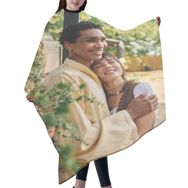 Personality  An Interracial Couple Shares A Loving Hug In Front Of A Majestic Tree In A Serene Natural Setting. Hair Cutting Cape