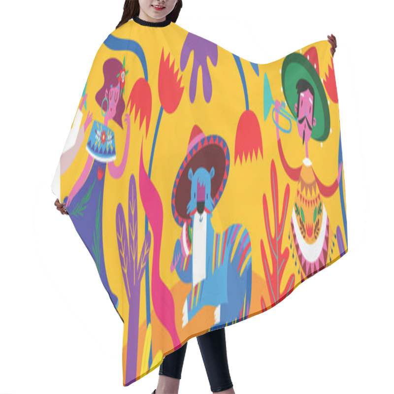 Personality  Funny Mexicans Dancing, Illustration Banner On Yellow Background Hair Cutting Cape