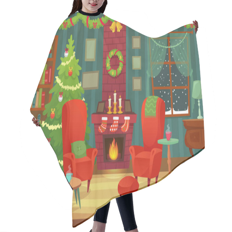 Personality  Decorated Christmas Room. Winter Holiday Interior Decorations, Armchair Near Fireplace And Xmas Tree Vector Background Illustration Hair Cutting Cape