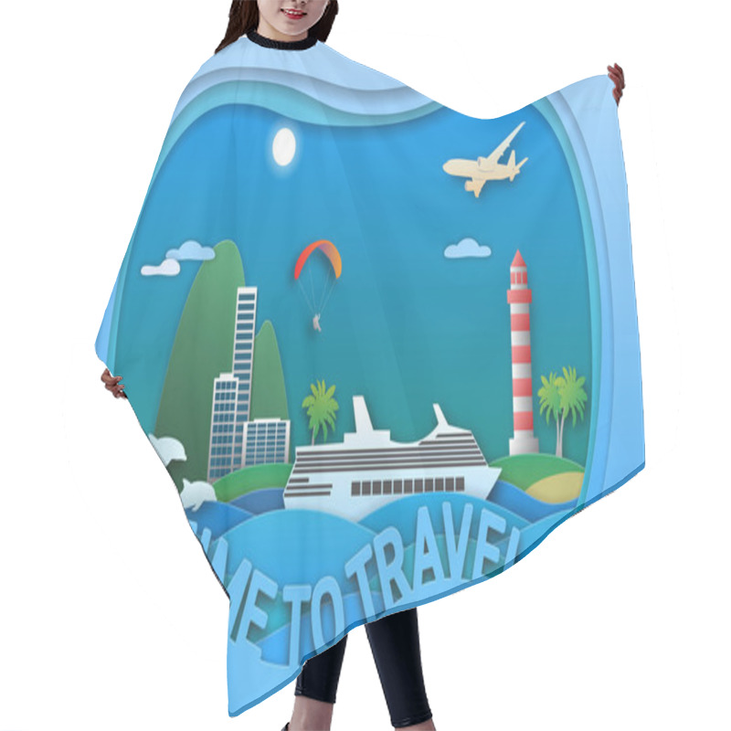 Personality  Time To Travel Vector Illustration In Paper Cut Style. Sea Resort Town, Cruise Ship, Lighthouse, Paraglider, Islands, Dolphins And Aircraft. Travel Card Design. Hair Cutting Cape