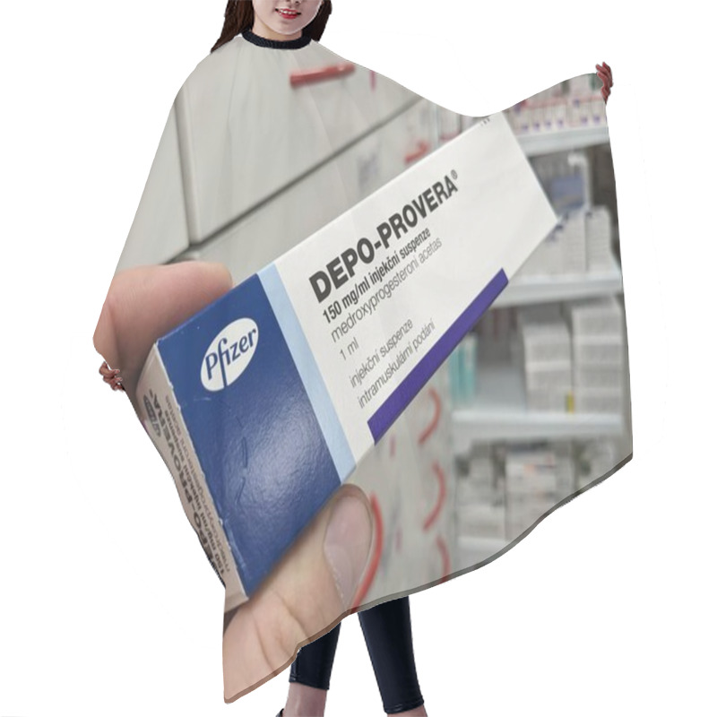 Personality  Prague, Czech Republic - July 9 2024: DEPO-PROVERA Box Of Medication With Medroxyprogesterone Acetate Active Substance By Pfizer, Used For Treatment Of Contraception, Menstrual Disorders, Endometriosi Hair Cutting Cape