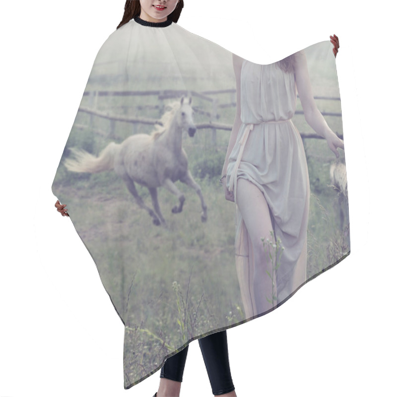 Personality  Delicate Brunette Posing With Horse In The Background Hair Cutting Cape