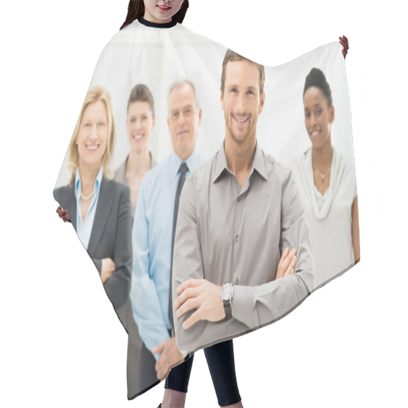 Personality  Portrait Of Happy Businesspeople Hair Cutting Cape