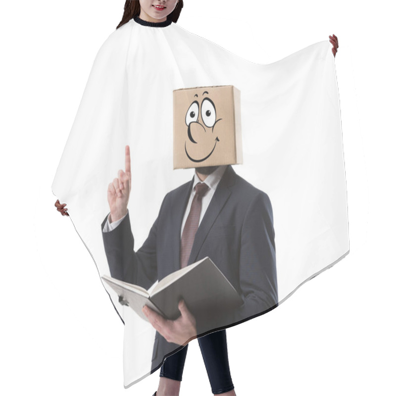 Personality  Businessman With Cardboard Box On Head Holding Folder And Pointing Up With Finger Isolated On White  Hair Cutting Cape