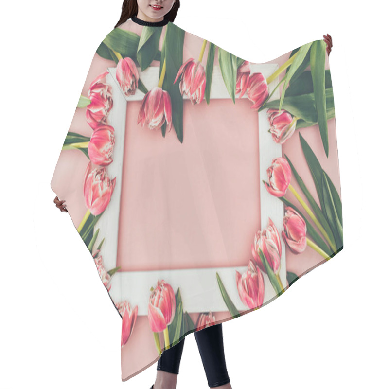 Personality  Beautiful Pink Tulips With Green Leaves And Empty White Frame On Pink    Hair Cutting Cape