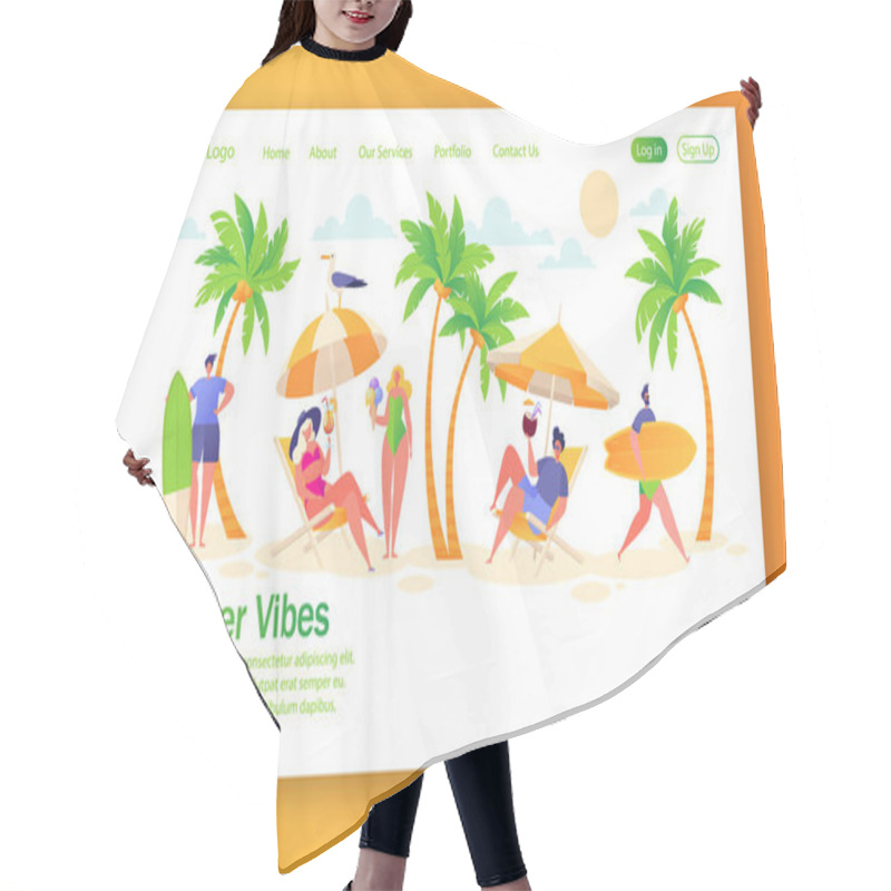 Personality  Concept Of Landing Page On Summer Vacation Theme. Outdoor Activity And Rest On The Beach.  Hair Cutting Cape