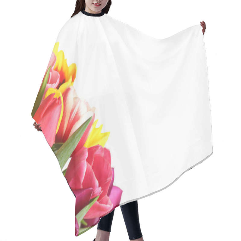 Personality  Beautiful Bright Spring Tulips On White Background Hair Cutting Cape