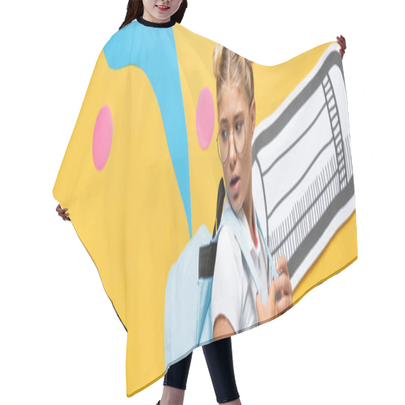 Personality  Horizontal Image Of Surprised Schoolkid Looking At Backpack Near Paper Pencil And Decorative Elements On Yellow Hair Cutting Cape