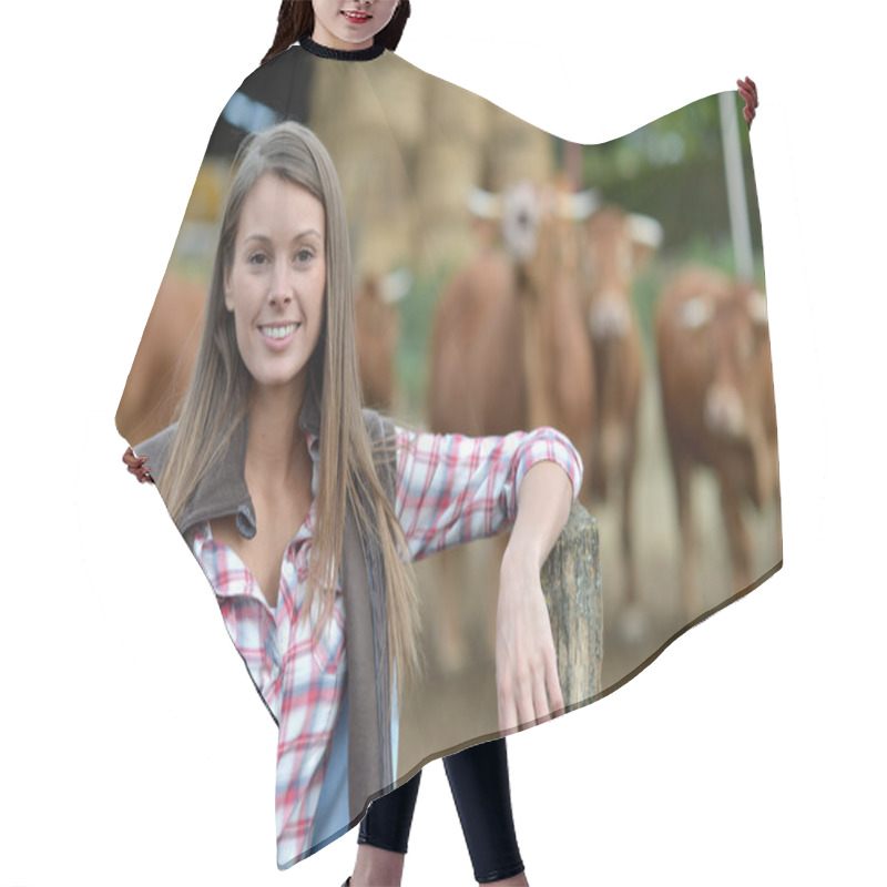 Personality  Smiling Farmer Woman Standing By Cattle Outside Hair Cutting Cape