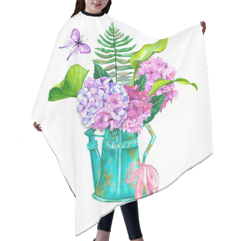 Personality  Beautiful Bouquet Of Flowers In Early Spring In A Watering Can. Watercolor Watering Can With Hydrangea, Eucalyptus And Fern Leaves Isolated. Hair Cutting Cape