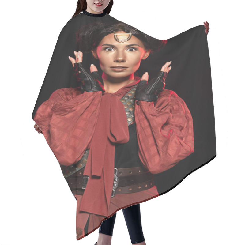 Personality  Front View Of Attractive Surprised Steampunk Woman In Leather Gloves Isolated On Black Hair Cutting Cape