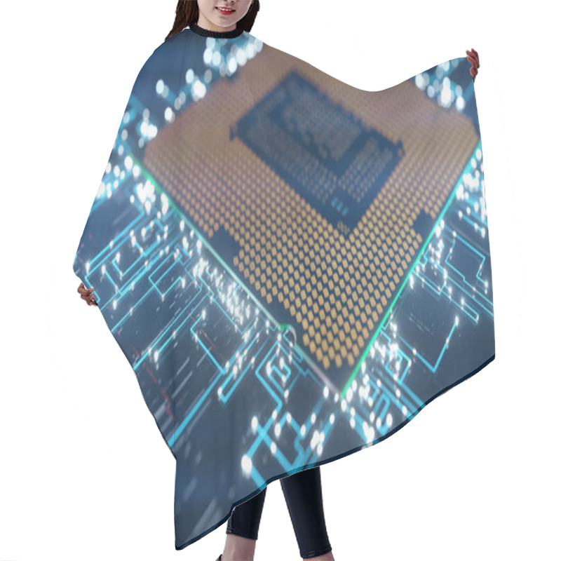 Personality  A Computer Processor With Millions Of Connections And Signals. Technology Cpu Background. Pulses And Signals From The Chip Propagate Through The Motherboard. 3d Illustration Hair Cutting Cape