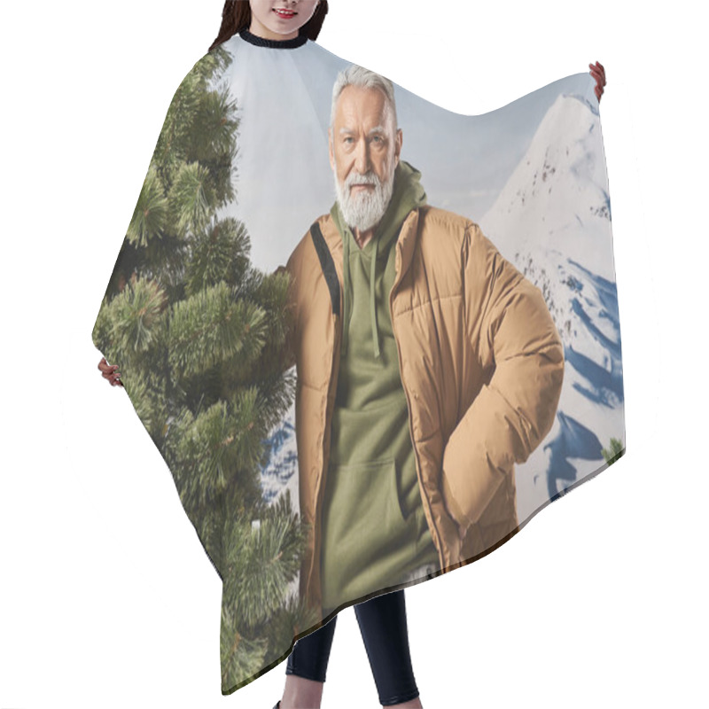 Personality  Athletic Santa Standing Next To Pine Tree And Looking At Camera With Hand On Hip, Winter Concept Hair Cutting Cape