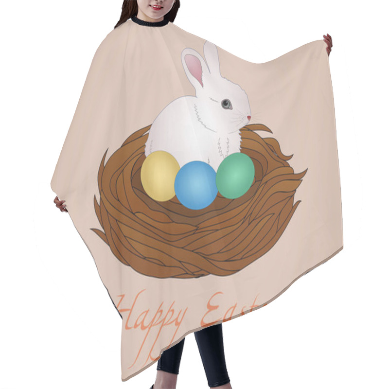 Personality  Illustration Of Cartoon Rabbit Sitting In Nest With Chicken Eggs Near Happy Easter Lettering Isolated On Beige Hair Cutting Cape