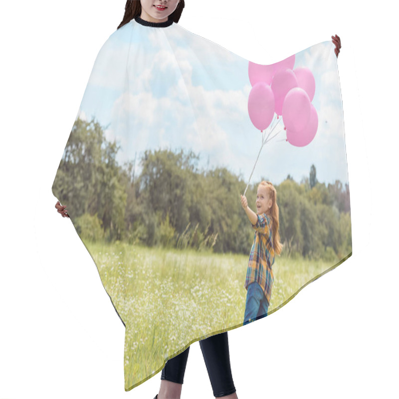 Personality  Adorable Child With Pink Balloons Standing In Summer Field With Blue Sky On Background Hair Cutting Cape