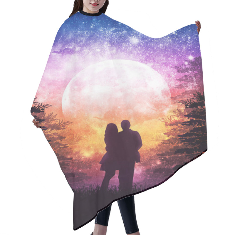 Personality  Silhouette Of A Gentle Couple In Love On A Background Of A Cosmic Sunset With A Moon And Stars, A Romantic Evening Under A Fantastic Boundless Sky, A Magic Landscape With Dark Grass And Tree Branches. Hair Cutting Cape